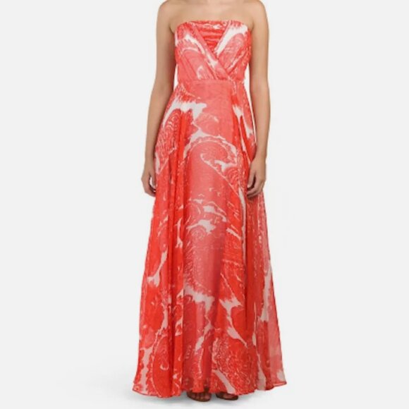 Milly Monica Silk Chiffon Strapless Paisley Maxi Dress Poppy Orange - Picture 4 of 10
